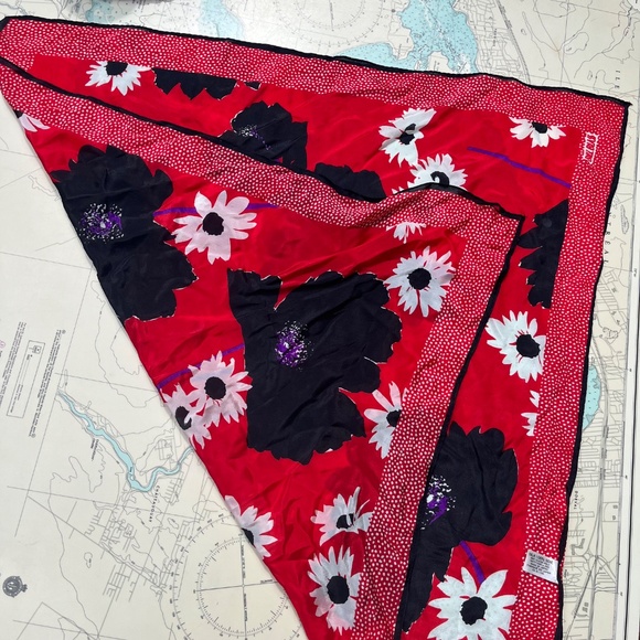 Vintage Bill Blass Black Red and White Silk Floral Scarf - Picture 6 of 6